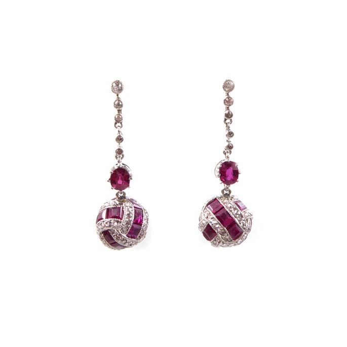 Pair of ruby and diamond ball pendant earrings | MasterArt